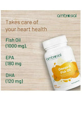 Ambrosial Omega-3 fish oil supplement bottle, 1000 mg with EPA 180 mg and DHA 120 mg.