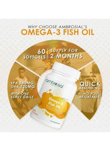 Omega-3 fish oil supplement bottle with 60 softgels label, white cap and amber front.