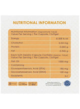 Nutritional information panel for Omega-3 fish oil, 1000 mg per softgel with EPA and DHA.