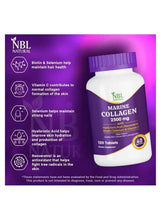 Marine collagen supplement box panel with supplement benefits icons and 120 tablets info