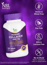 Marine collagen supplement bottle with gluten-free, soy-free, and lactose-free icons