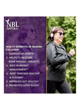 Marine collagen health benefits panel with numbered joint, bone, and sleep claims