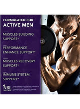 Men's multivitamin label panel for active men with muscles building and recovery support