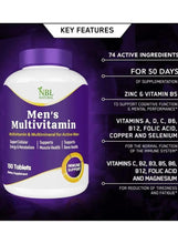 Men's multivitamin bottle front with key features and active ingredient callouts