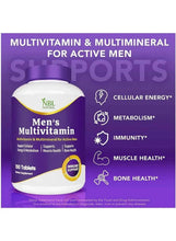 Men's multivitamin bottle with icons for cellular energy, metabolism, immunity and muscle health