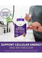 Men's multivitamin bottle with purple lid on countertop