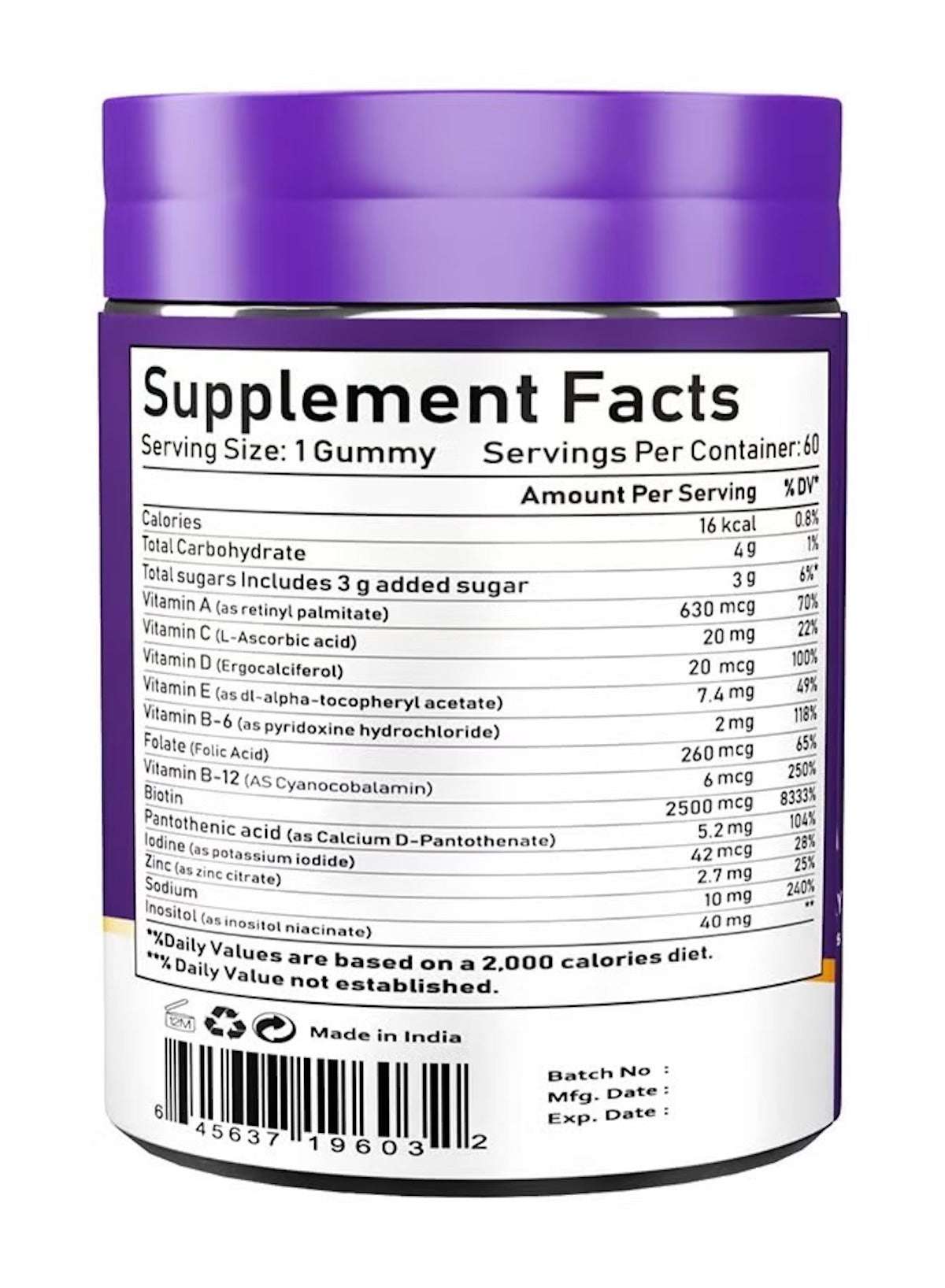 Hair Vitamins 60 Gummies Supplement With Vitamin C, Biotin & Folic Acid For Men & Women