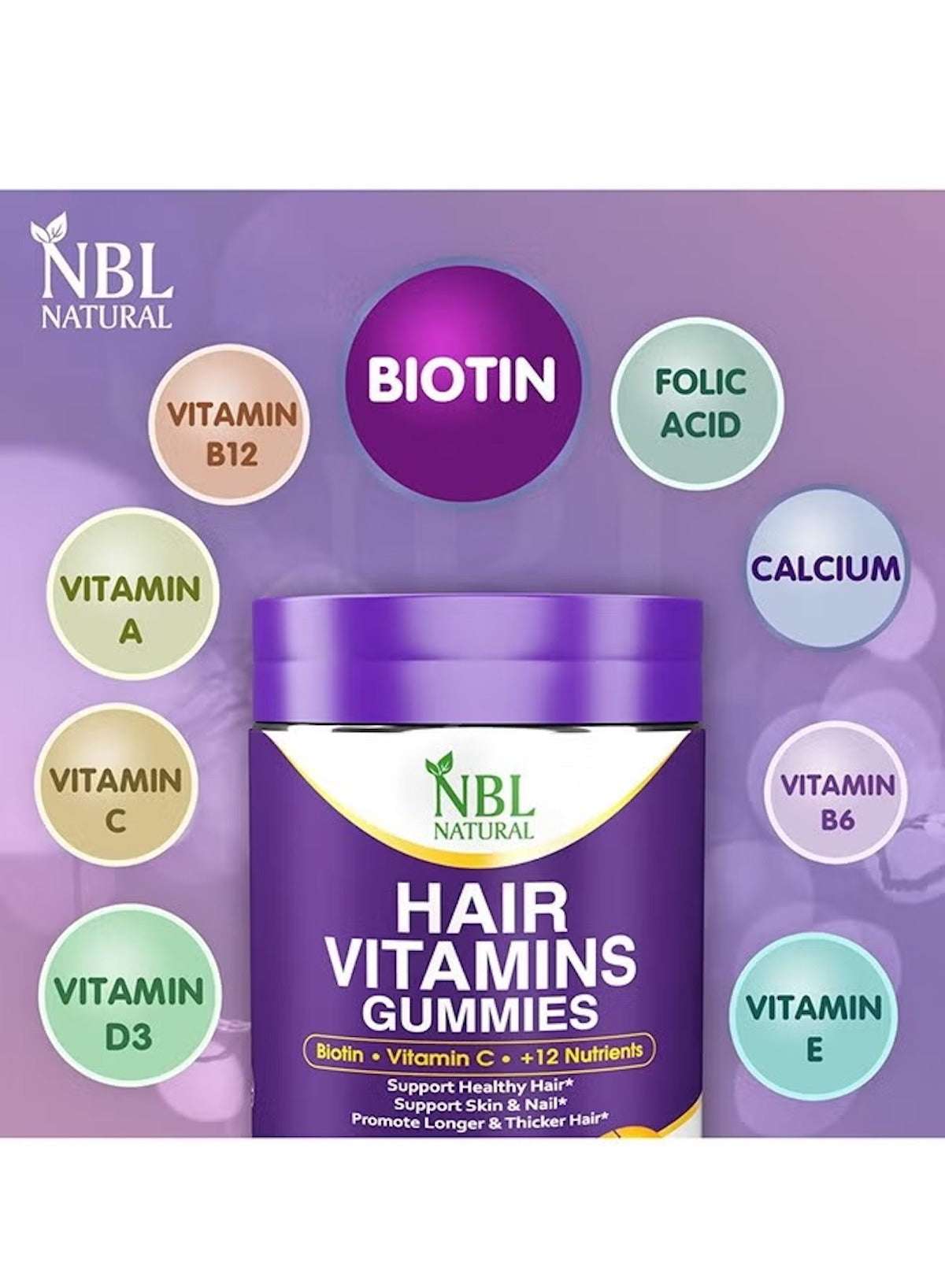 Hair Vitamins 60 Gummies Supplement With Vitamin C, Biotin & Folic Acid For Men & Women