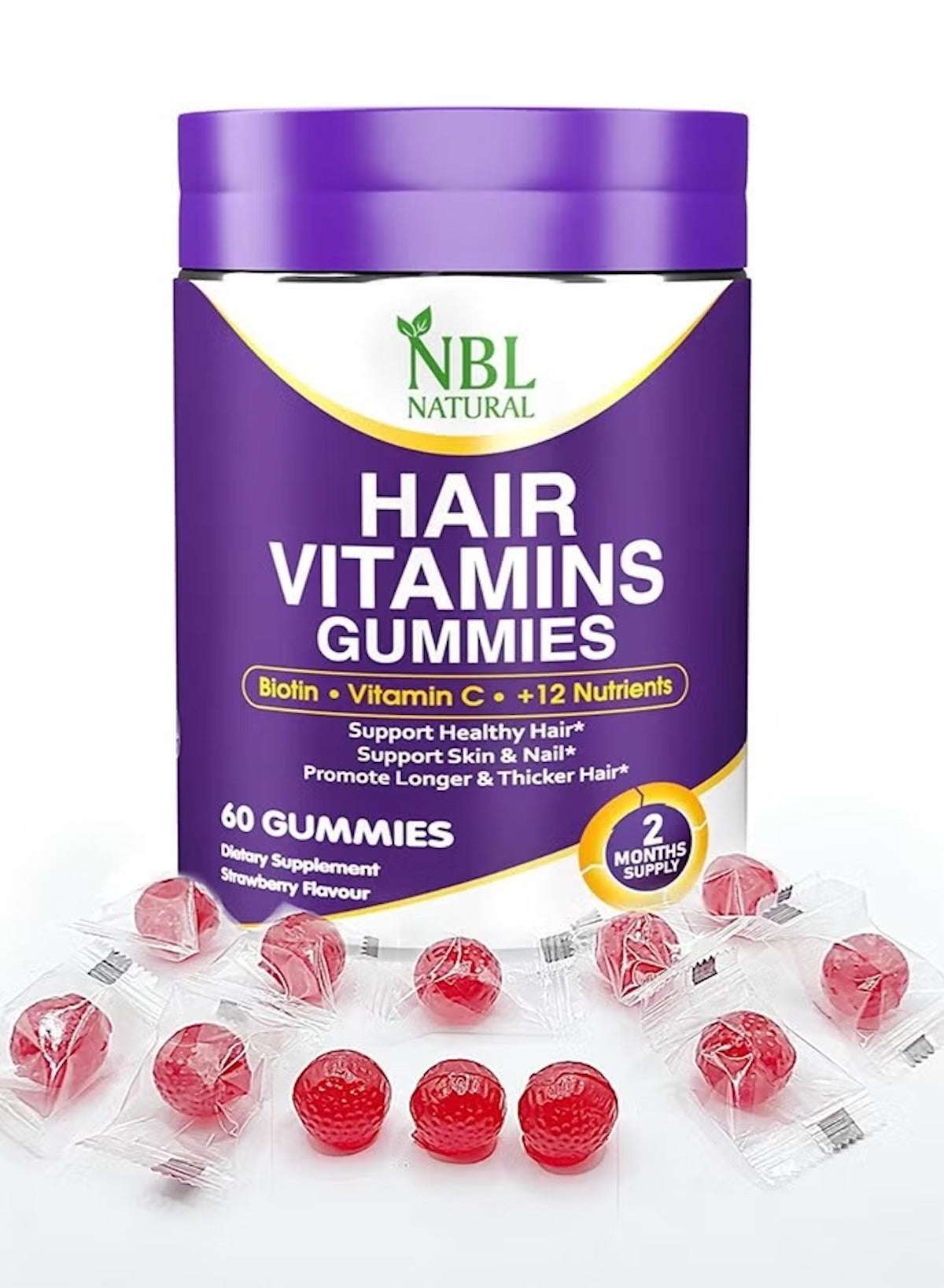 Hair Vitamins 60 Gummies Supplement With Vitamin C, Biotin & Folic Acid For Men & Women