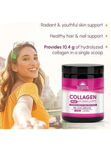 Collagen powder tub with black lid and pink label, pictured beside a smiling woman