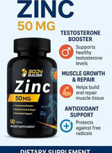 Zinc 50 mg supplement bottle front view with icons for muscle growth and antioxidant support
