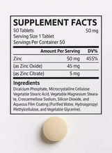 Zinc supplement facts panel and round tablet, 50 mg per serving