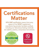 Certifications matter panel with Natural Products Association GMP and UL certified logos