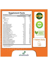 Supplement facts label for women and men multivitamin, with GMP and GMO-free seals