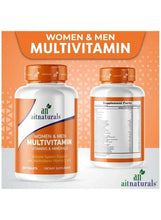 Women and men multivitamin supplement bottles, front label and back facts panel