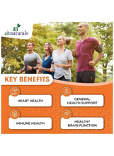 Multivitamin key benefits card with icons for heart, immune, brain and general support