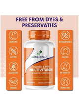 Multivitamin bottle with orange cap and free-from badges; free from dyes & preservatives