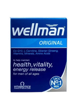 Wellman Original supplement tablets box, blue front with ingredients and benefits text
