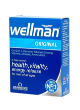 Wellman Original supplement tablets box side, blue panel with ingredients and UK No.1 badge