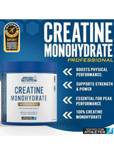 Creatine monohydrate supplement tubs with blue graphics and benefit icons.