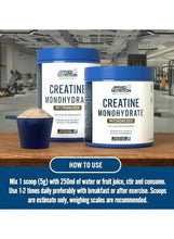 Creatine monohydrate supplement tub and small container with 'how to use' panel.