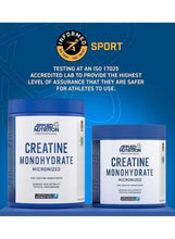 Creatine monohydrate powder tubs with 'Tested for Athletes' badge on packaging.