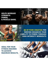 Creatine monohydrate supplement ad showing tub and 5g per serving text.