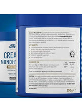 Creatine monohydrate supplement back label with usage directions and nutrition info.