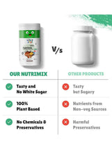 Little Joys Nutrimix chocolate powder jar beside comparison graphic and white container