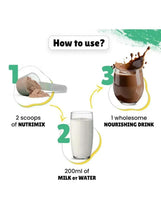 Little Joys Nutrimix powder jar with scoop and glass mixing instruction graphic