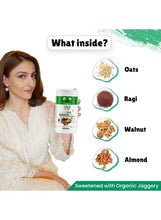 Little Joys Nutrimix powder jar held by woman with oats, ragi, walnut, and almond icons