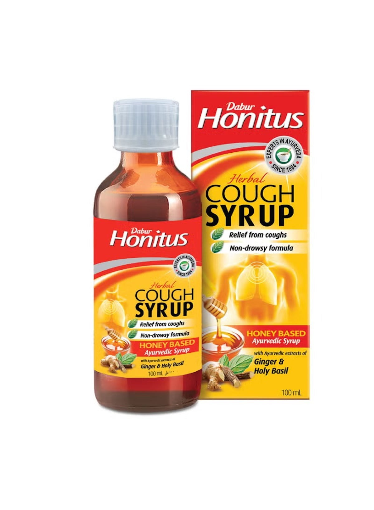 Dabur Honitus Cough Syrup – Relief from Cough & Throat Irritation | Non-Drowsy Herbal Formula with Ginger & Holy Basil – 100ml