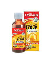 Honey-based cough syrup bottle with light-blue cap and red herbal box, 100ml