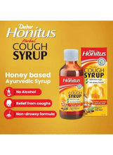 Honey-based Ayurvedic cough syrup bottle and box with icons for no alcohol
