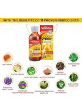 Honey-based herbal cough syrup bottle and box with ingredient icons and text
