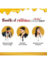 Herbal cough syrup benefits panel with three head-and-throat scenes and labels