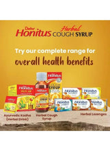 Herbal cough syrup range shown with multiple products, drink, and lozenges