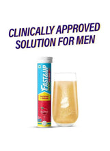 Effervescent supplement tube with blue label and peach drink in a glass
