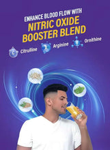 Effervescent supplement tube and peach drink bottle as man drinks