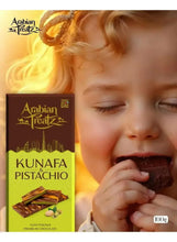 Kunafa pistachio chocolate bar box beside chocolate pieces, 100 g