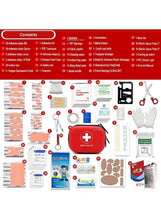 First aid kit contents chart with numbered items and labeled storage layout