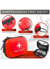 Compact red first aid kit with medical cross, smooth zipper and carabiner clip