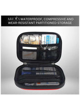 Open first aid kit case with black partitioned storage and mesh pockets