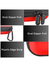 Close-up of first aid kit oval zipper pull and black plastic edge strip