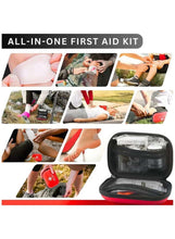 Compact first aid kit with open organizer compartments for emergency care