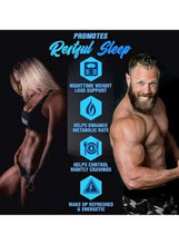 Promotional supplement poster featuring fitness poses and nighttime sleep icons