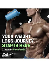 Lipo-6 Nighttime supplement bottle beside a muscular man drinking