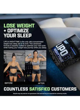 Lipo-6 Nighttime supplement bottle with weight-loss and sleep benefits text