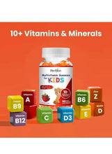 Kids multivitamin gummy bottle with vitamin and mineral icons: A, B12, B6, C, D3, zinc