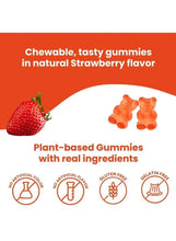 Chewable strawberry-flavor gummy vitamins with gummy shapes and gluten-free icons